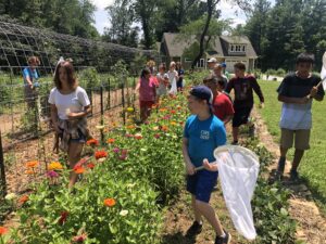 Boy with butterfly net with people in background