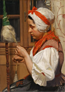 painting of a woman spinning yarn