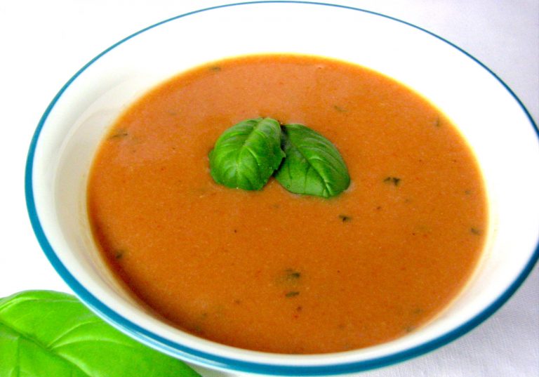 Tomato Soup with Basil Leaves.