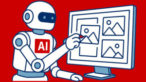 This digital illustration depicts a robot with "AI" across its chest drawing generic pictures on a computer screen. [This image was created with help from Open AI's ChatGPT on May 21, 2025.]