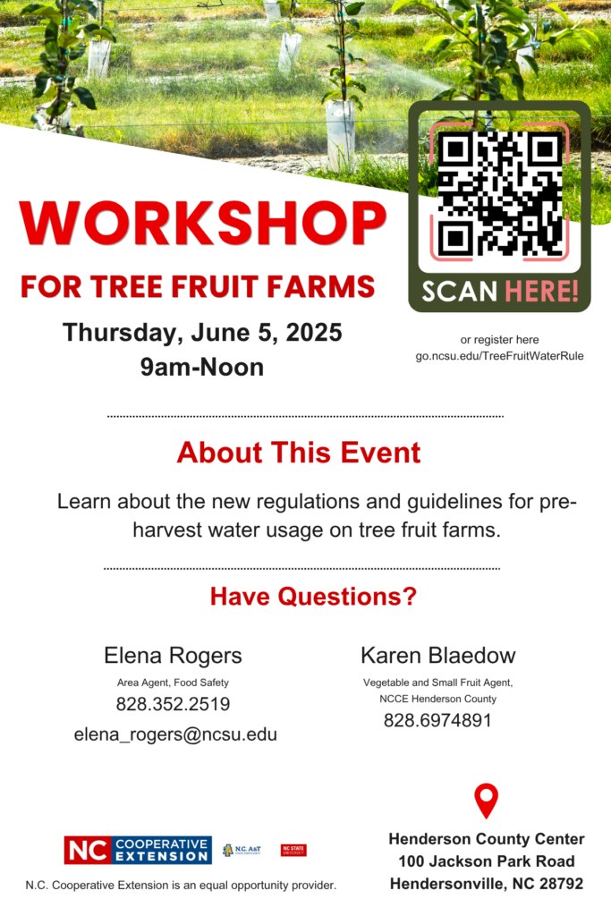 It is time to implement FDA's Final Pre-harvest Water Rule for Tree fruit farms! Join us on Thursday June 5 2025 at 09:00 a.m. at N.C. Cooperative Extension | Henderson County Center to learn about the new regulations and guidelines for pre-harvest water usage on tree fruit farms. This in-person event is a great opportunity to network with fellow farmers and industry experts, ask questions, and gain valuable insights to ensure compliance with the FDA's regulations. Don't miss out on this informative event! If you need additional information regarding this event, contact Elena Rogers, Area Specialized Agent for Food Safety- Fresh Produce in Western NC at 828-352-2519 or via email at elena_rogers@ncsu.edu or Karen Blaedow, Henderson Co. Vegetable and Small Fruit Agent at (828) 697-4891.